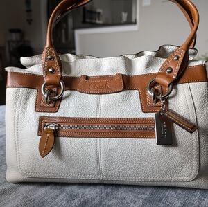Vintage Coach Penelope Satchel, White & Leather with Blue Satin Lining